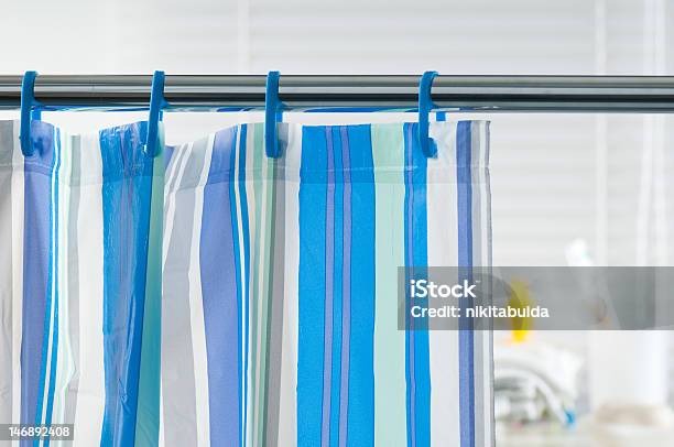 Closeup Of A Striped Shower Curtain Stock Photo - Download Image Now - Shower Curtain, Curtain, Bathroom