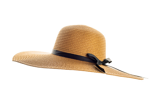 Sombrero de paja amarillo de verano para mujer con cinta negra sobre fondo blanco photo