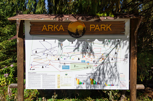 Sibiu, Romania - October, 8 2022: Adventure Arka Park Paltinis map at entrance. Extreme rope park map with ziplines, routes and games in real forest