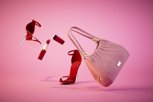 pink women's handbag, red heeled shoes and red lipstick on a pastel background. 3D render.