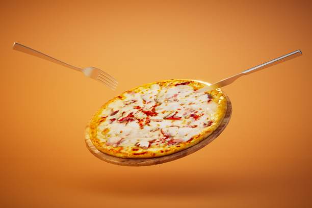 istock a large round pizza around which is a knife and fork on an orange background. 3D render 1468930548