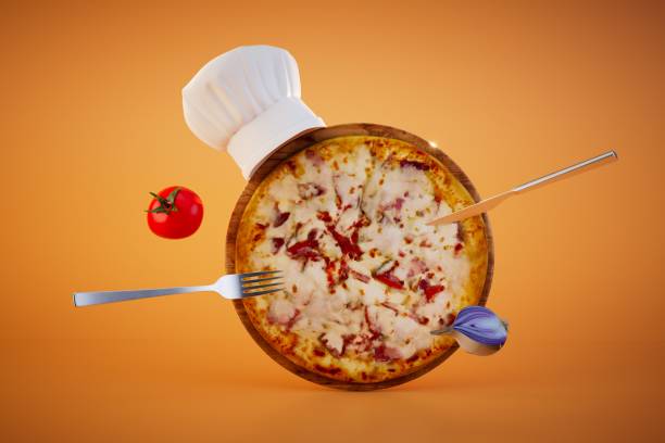 istock pizza in the chef's hat with tomatoes and onions around which a knife and fork on an orange background. 3D render 1468930556