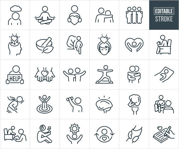 Mental Wellness, Self-Care And Mental Health Icons - Editable Stroke A set of mental wellness, self-care and mental health icons that include editable strokes or outlines using the EPS vector file. The icons include a person sad with depression, person practicing mindfulness by meditating, person holding a heart shape, person offering support to a person with mental illness by putting his arm around his shoulder, three friends with arms around each others shoulders, person with good health habits, mortar and pestle, person taking a walk in the park, woman with a heart shape above head, person with arms raised in heart shape, person reading a book as a form of self-care, depressed person holding a "help" sign, hands holding out a heart shape, two friend with arms around each others shoulders waving, person doing yoga for mental wellness, two people hugging, person asleep in bed, person getting a massage, person in bulls-eye accomplishing good mental health goals, person exercising by lifting dumbbells, healthy mind, fork with broccoli representing healthy eating, person getting counseling from a psychiatrist, counselor using psychoanalysis with person with metal illness, person listening to music as a form of self-care, person with arms up and a sun above head to represent hope from mental illness, person practicing self-love, two hands clasped together to represent help and a person writing in a journal as a form of self-care. slackening stock illustrations