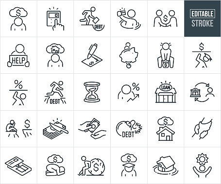 A set of debt icons that include editable strokes or outlines using the EPS vector file. The icons include a depressed person in debt with money cloud overhead, calculator equalling 0 or no money, businessman running towards a pitfall labeled 
