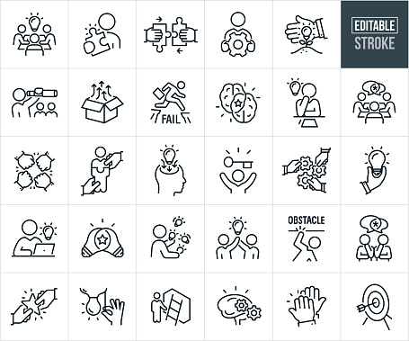 A set of business solutions icons that include editable strokes or outlines using the EPS vector file. The icons include a group of business people at conference table with lightbulb overhead as they work on a business solution, businessman offering solution by holding missing piece to puzzle, two business hands offering solution to business problem by connecting two pieces of a puzzle together, businessman holding a cog in hands, business hand shielding a plant with a lightbulb representing business solutions, business person using a telescope to find answers to business needs, box with arrows coming out of it to represent 