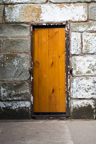 wooden door in brick wall stock photo