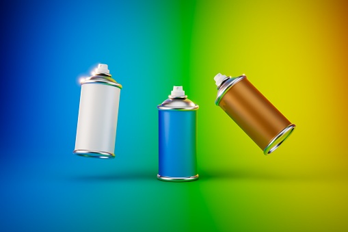 cans of paint of white, blue and red color on a multi-colored background. 3D render.