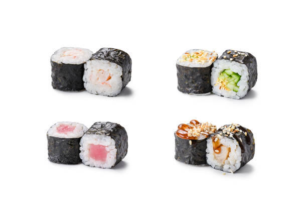istock Different types of sushi on a white background. Maki rolls with different fillings 1468932182