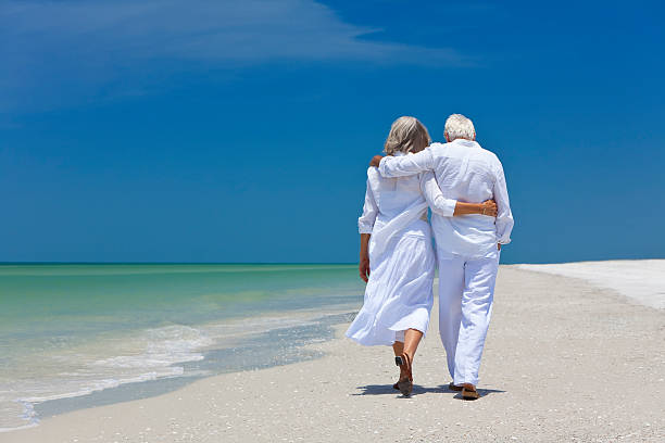Rear view of senior couple walking on beach