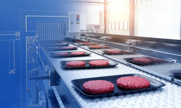 istock Hamburger meat production line with an overlaying blueprint drawn in CAD program - 3d illustration 1468933694