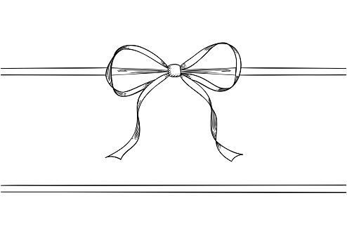 Set of long  bow and ribbon. Hand drawn vintage line art. Ink sketched vector illustration. You can change the line collor on the vector deta.