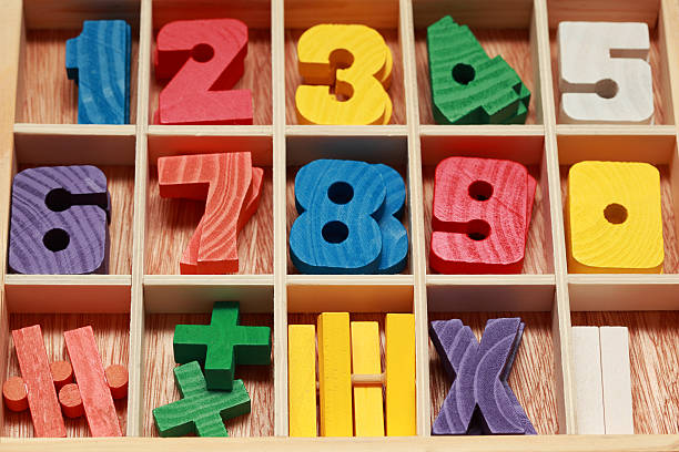 istock Math game for junior age with wooden signs of numbers 146893550