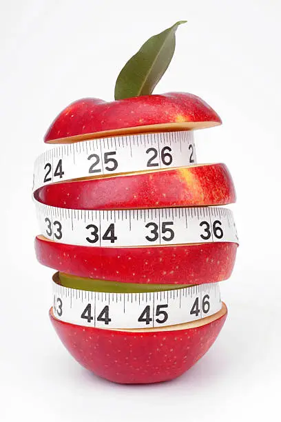 Mixed-fruit and measuring tape on a white background