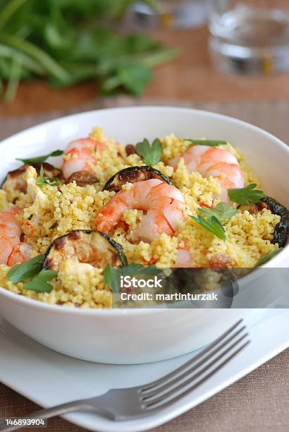 Couscous With Prawns And Courgette Stock Photo - Download Image Now - Cilantro, Couscous, Dining