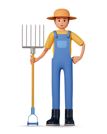 Farming and gardening concept with 3d farmer character hold pitchfork  front view isolated on white background