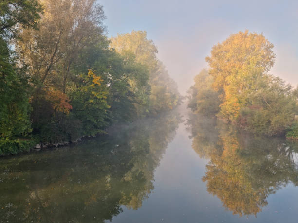 Morning fog on the river Neckar in Nürtingen, Germany.