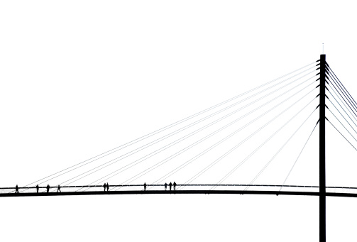 Pedestrian suspension bridge; silhouette against white background
