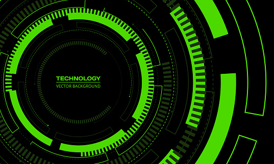 Black and green technology background with futuristic cyber HUD circular structure elements. Vector illustration