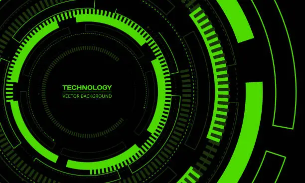 Vector illustration of Black and green technology background with futuristic cyber HUD circular structure elements.