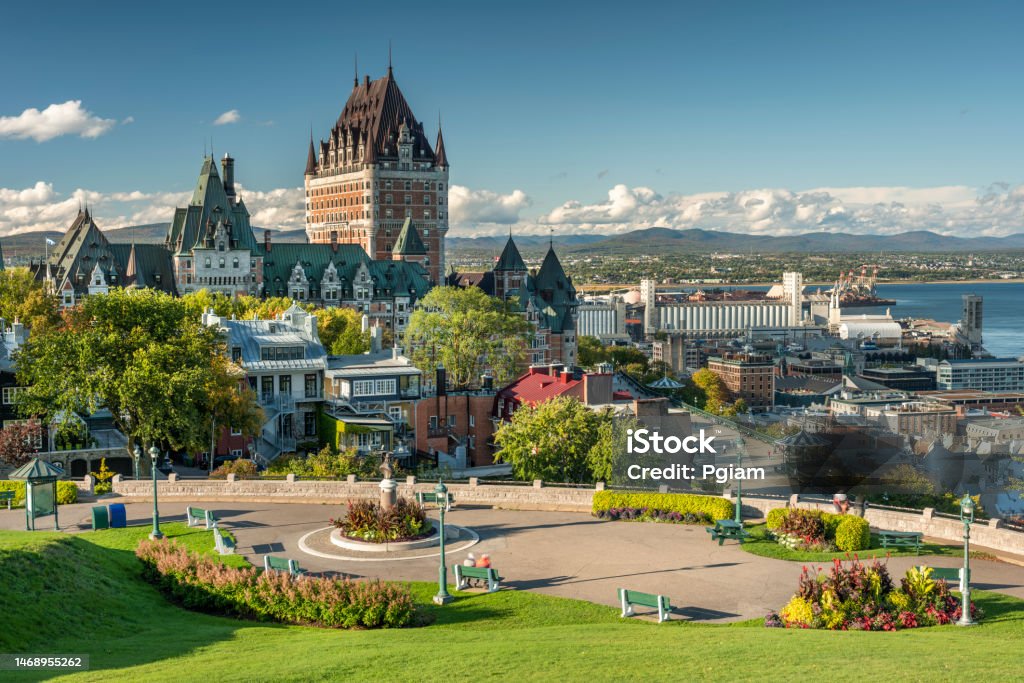 Old Quebec City downtown historic skyline view Old Quebec City downtown historic skyline view from the Plains of Abraham Quebec City Stock Photo