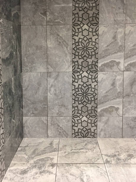 istock Bathroom decoration with ornate ceramics tile wall and flooring 1468955664