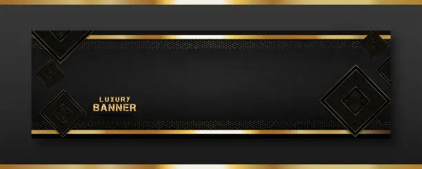 Vector illustration of black background. rectangular luxury banner. shiny gold texture and frame.