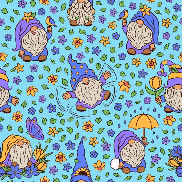 Vector illustration of Spring seamless pattern cute repeat design with gnomes.