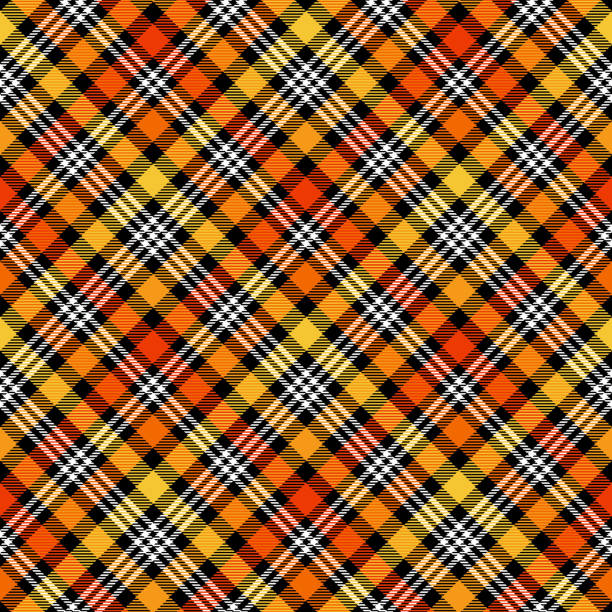 Halloween Plaid Seamless Pattern Colorful repeating pattern design in a festive Halloween plaid theme candy corn stock illustrations