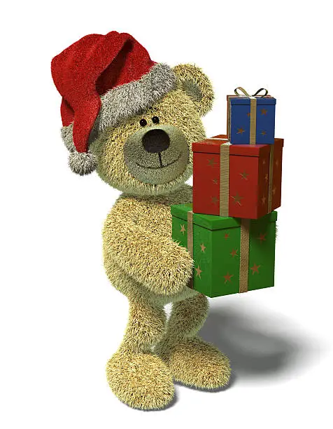 Teddy bear with a red bobble hat holds three christmas presents in his hands and smiles. Isolated on white background with soft shadow.