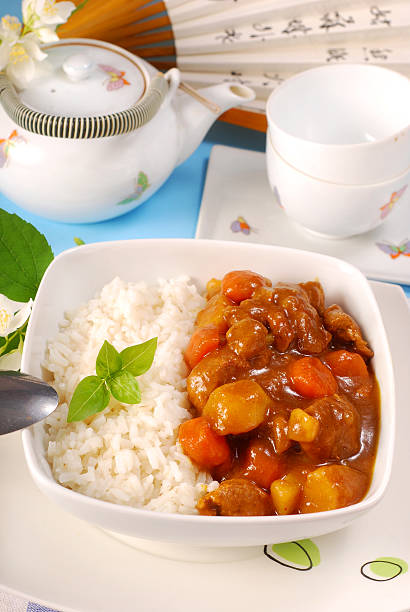 arroz com curry japonês - beef bowl curry dish curry sauces - fotografias e filmes do acervo