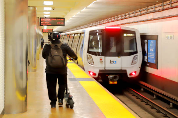 San Francisco, California, USA - February, 18 2023: Bay Area Rapid Transit (BART) - Powell St. Station.This station located at Downtown San Francisco, which makes it into one of the busiest BART train staion. Passengers could be observed on the platform all the time.