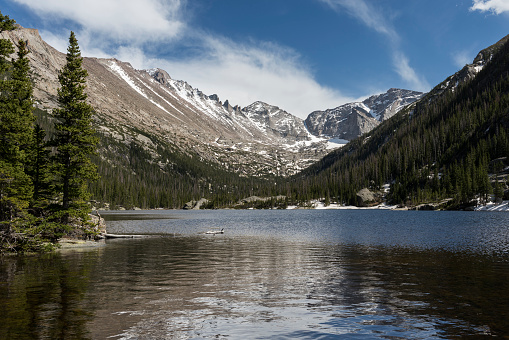 14,259 foot Longs Peak, Keyboard of the Winds, and 13,497 foot Pagoda Mountain, are reflected in Mills Lake on a late Spring afternoon.