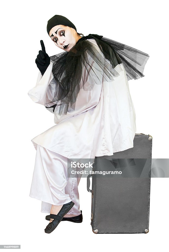 Payaso con maleta aislado con gesto exclamation - Foto de stock de Actor libre de derechos