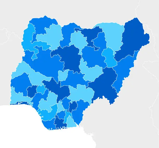 Vector illustration of High detailed Nigeria Blue map with Regions and national borders