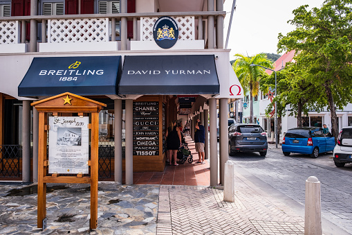 Philipsburg, Sint Maarten - January 3, 2023: View of designer shops along Voorstraat.