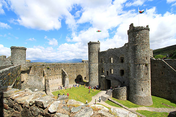 château d'harlech avec le mont snowdon dans l'arrière-plan - welsh flag flag welsh culture all european flags photos et images de collection