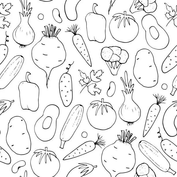 Vector illustration of Vegetables seamless pattern. Vegetarian healthy bio food background, Vegan organic eco products pepper, tomato, cucumber, carrot, potato, avocado, beans and peas. Vector illustration