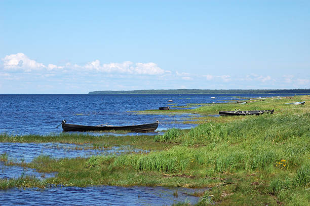 lago de banco com barcos de madeira - skiff nautical vessel rustic old imagens e fotografias de stock