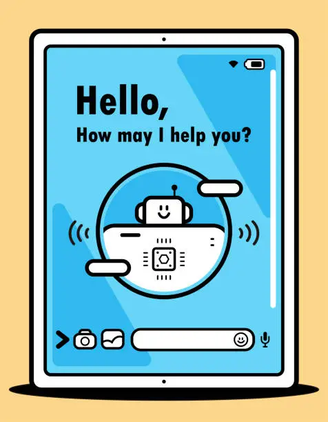 Vector illustration of An AI chatbot assistant interacts in a conversational way on a tablet computer