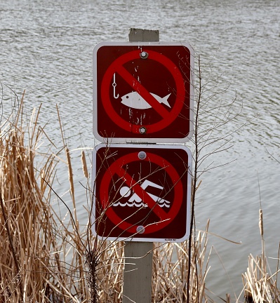 A close view on the no fishing and swimming sign.