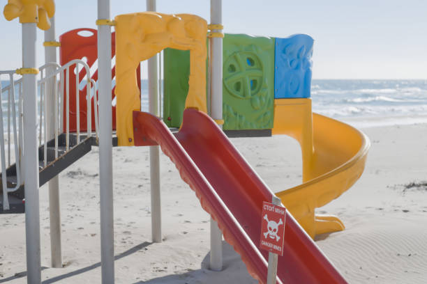 istock An empty beach, playground, a sign with the inscription - translated as - stop, mines 1469011622