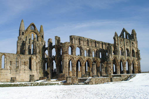 A view of Whitby Abbey, North Yorkshire, in the snow