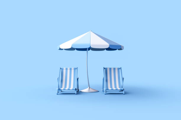 istock Beach umbrella with chairs on blue background 1469015715