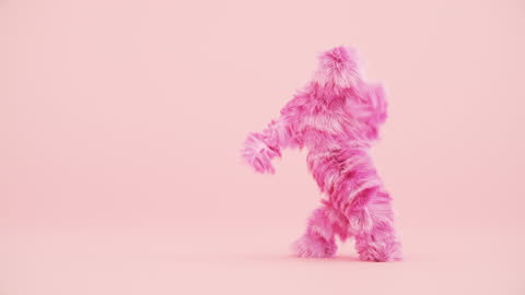 분홍색 배경에 춤추는 분홍색 털이 많은 3d 만화 캐릭터, 털복숭이 의상을 입은 사람, 재미있는 마스코트 반복 애니메이션, 현대적인 최소한의 원활한 모션 디자인 스톡 비디오