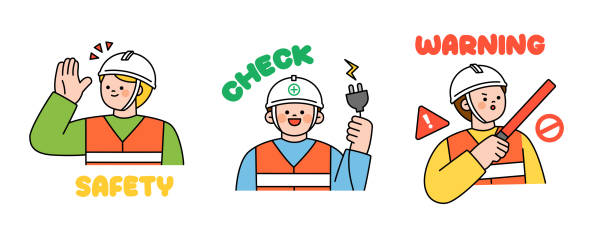Cute human character explaining construction site safety rules. Safety, checklist, danger warning. Cute human character explaining construction site safety rules. Safety, checklist, danger warning. safety first stock illustrations