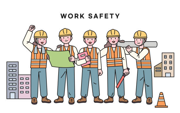 Safety of construction sites and workers. Characters wearing safety helmets are standing smiling. Safety of construction sites and workers. Characters wearing safety helmets are standing smiling. safety first stock illustrations