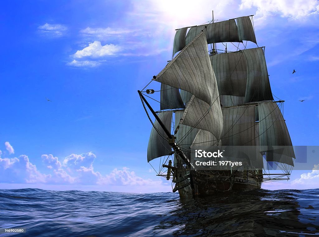 Rustic pirate ship on the blue ocean waters  The ancient ship in the sea     Tall Ship Stock Photo