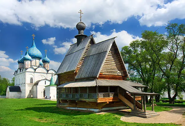 Old wooden church in Suzdal near Cathedral, Vladimir region of Russia