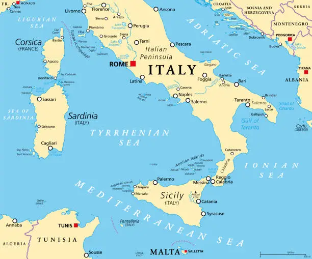 Vector illustration of Southern Italy, also known as Meridione or Mezzogiorno, political map