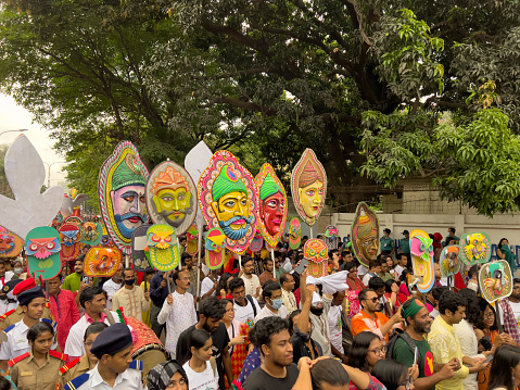 Dhaka, Bangladesh– April 14, 2022: Pohela Baishakh celebration in Dhaka, Bangladesh. Ramna Park Salutation. Mangal Shobhajatra at Pohela Boishakh in Bangladesh.